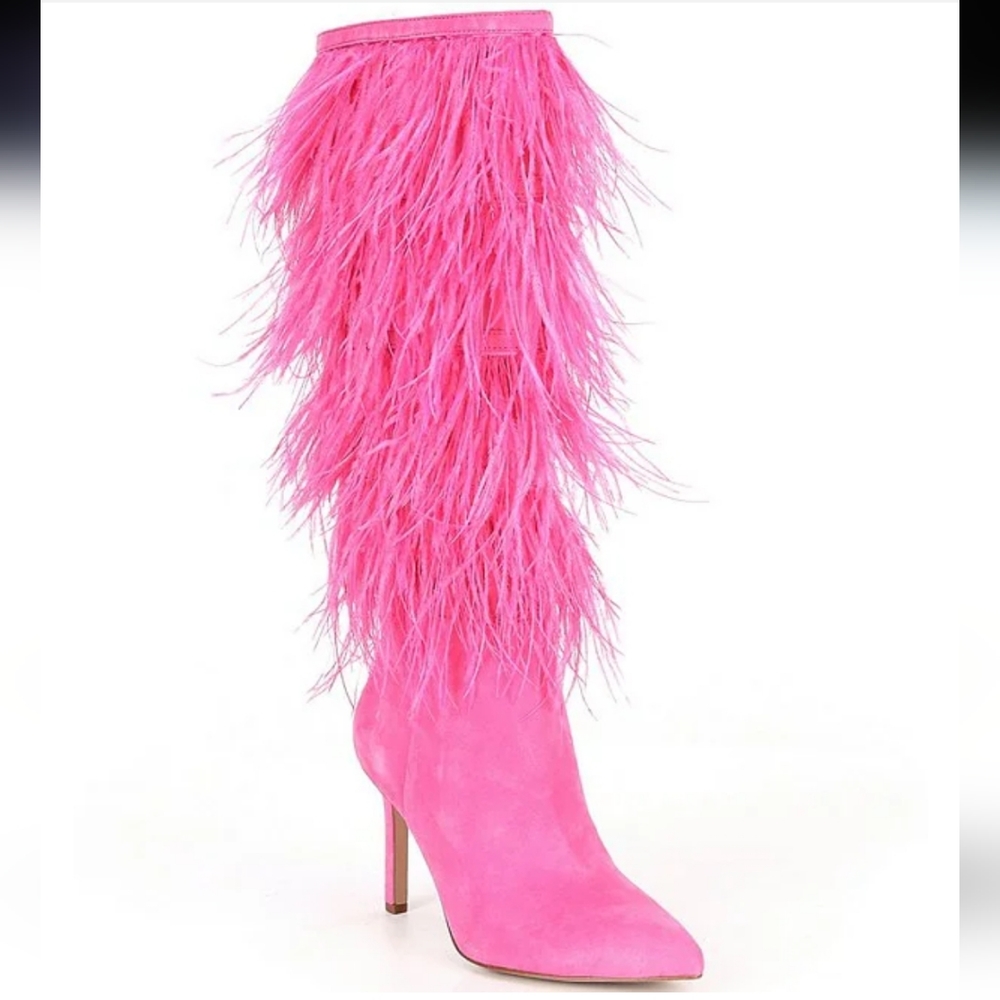 Gianni Bini NWOT Pink Taryn Slim Calf Feather Embellished Pointed Toe Boots